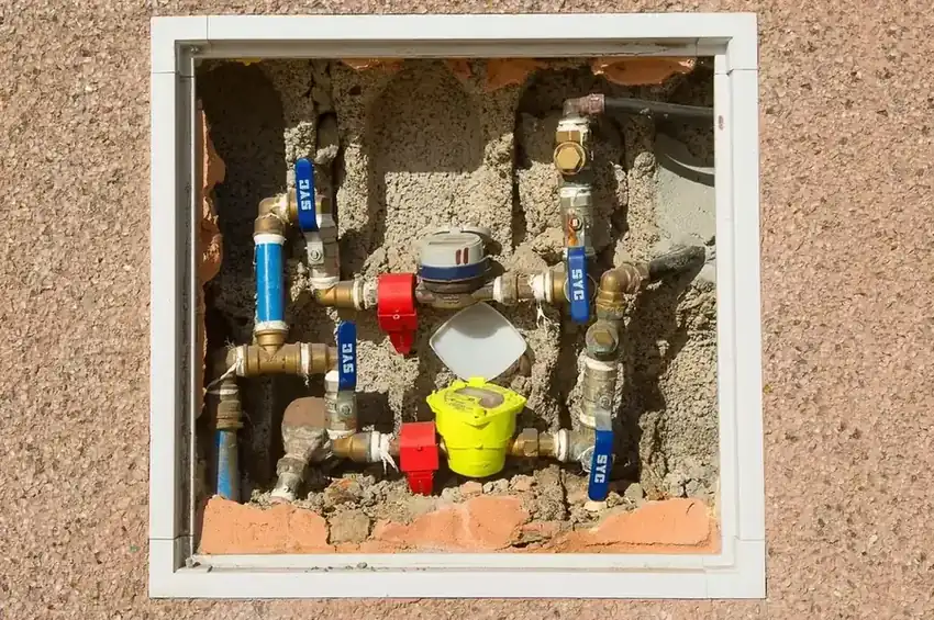 Homeowner hand turning a main water shutoff valve in a utility closet